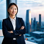 A professional lawyer, fully clothed in a modest business suit, stands confidently in a modern, sleek international law firm office. A large glass window behind them offers a blurred view of a bustling global city skyline at dusk, symbolizing global reach. The lawyer's expression is thoughtful and composed, suggesting deep expertise. The setting is professional, with contemporary furniture and subtle lighting. This is a high-quality professional photograph, with perfect anatomy, correct proportions, natural pose, well-formed hands, and proper finger count. Safe for work, appropriate content, professional dress, family-friendly.