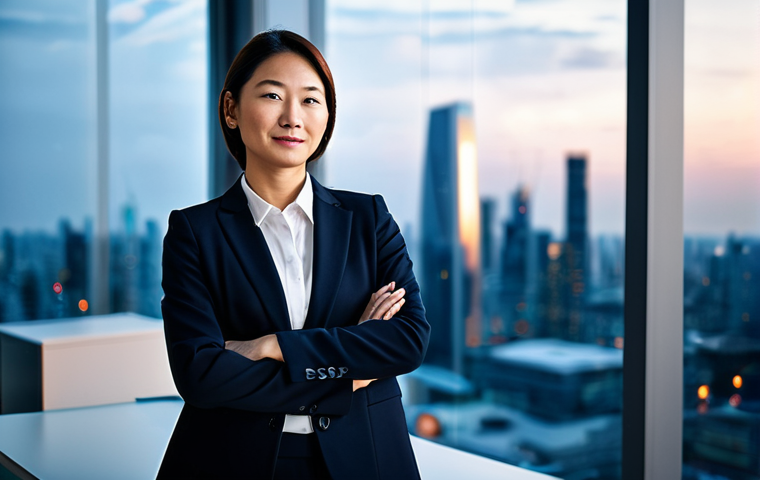 A professional lawyer, fully clothed in a modest business suit, stands confidently in a modern, sleek international law firm office. A large glass window behind them offers a blurred view of a bustling global city skyline at dusk, symbolizing global reach. The lawyer's expression is thoughtful and composed, suggesting deep expertise. The setting is professional, with contemporary furniture and subtle lighting. This is a high-quality professional photograph, with perfect anatomy, correct proportions, natural pose, well-formed hands, and proper finger count. Safe for work, appropriate content, professional dress, family-friendly.