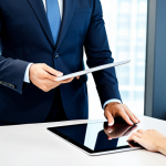 A professional, diverse legal consultant in a modest business suit, actively engaging with a client across a sleek, modern conference table. They are looking at a digital tablet displaying a clean, user-friendly client portal interface, symbolizing transparency and technological integration in legal services. The office environment is bright, contemporary, and organized, featuring subtle high-tech elements. fully clothed, appropriate attire, safe for work, professional, perfect anatomy, correct proportions, natural pose, well-formed hands, proper finger count, natural body proportions, high quality, professional photography.