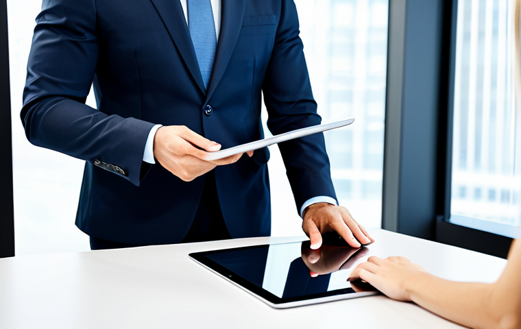 A professional, diverse legal consultant in a modest business suit, actively engaging with a client across a sleek, modern conference table. They are looking at a digital tablet displaying a clean, user-friendly client portal interface, symbolizing transparency and technological integration in legal services. The office environment is bright, contemporary, and organized, featuring subtle high-tech elements. fully clothed, appropriate attire, safe for work, professional, perfect anatomy, correct proportions, natural pose, well-formed hands, proper finger count, natural body proportions, high quality, professional photography.