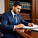 A professional male lawyer, Spanish background, in his late 20s, dressed in a modest business suit and tie, sitting at a classic polished wooden desk in a traditional law office. He is looking thoughtfully at a stack of legal documents, with a modern sleek tablet visible on the desk, symbolizing a shift towards specialization. Professional photography, high resolution, realistic, perfect anatomy, correct proportions, well-formed hands, proper finger count, natural body proportions, natural pose, safe for work, appropriate content, fully clothed, appropriate attire, professional dress.