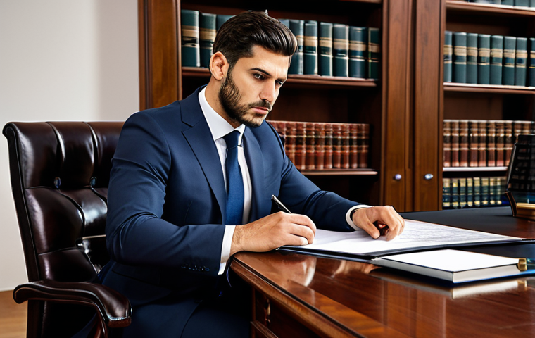 A professional male lawyer, Spanish background, in his late 20s, dressed in a modest business suit and tie, sitting at a classic polished wooden desk in a traditional law office. He is looking thoughtfully at a stack of legal documents, with a modern sleek tablet visible on the desk, symbolizing a shift towards specialization. Professional photography, high resolution, realistic, perfect anatomy, correct proportions, well-formed hands, proper finger count, natural body proportions, natural pose, safe for work, appropriate content, fully clothed, appropriate attire, professional dress.