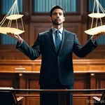 변호사 업무의 윤리적 문제 - **Prompt:** A diverse lawyer, appearing thoughtful and determined, stands on a glowing, ethereal tig...