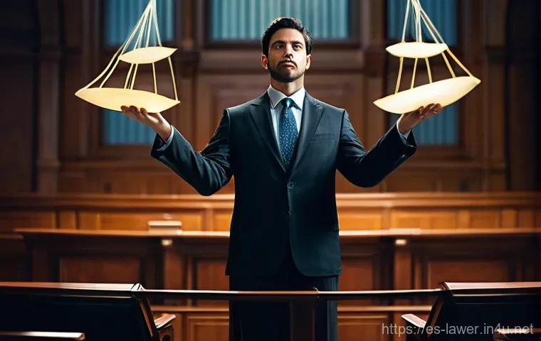 변호사 업무의 윤리적 문제 - **Prompt:** A diverse lawyer, appearing thoughtful and determined, stands on a glowing, ethereal tig...