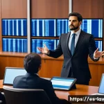 Home 18 법률 관련 자격증 종류와 차이점 - A professional courtroom scene featuring a confident Spanish-speaking lawyer in formal business atti...