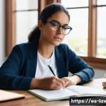 Home 23 변호사 시험을 위한 집중 공부 방법 - A focused young adult Hispanic woman studying in a bright, tidy home office with natural light strea...