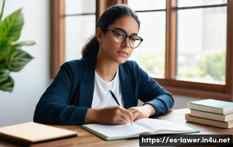 변호사 시험을 위한 집중 공부 방법 - A focused young adult Hispanic woman studying in a bright, tidy home office with natural light strea...