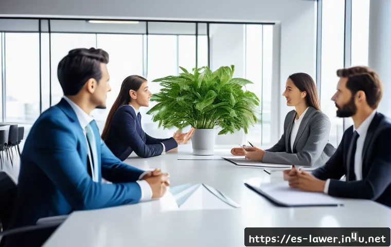 변호사 업무의 직무 만족도 - A modern law office scene showing a diverse group of professional lawyers engaged in a collaborative...
