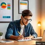 Home 20 변호사 시험 준비를 위한 목표 설정 - A bright, cozy study room in a modern apartment in a Spanish-speaking city, with a young adult stude...