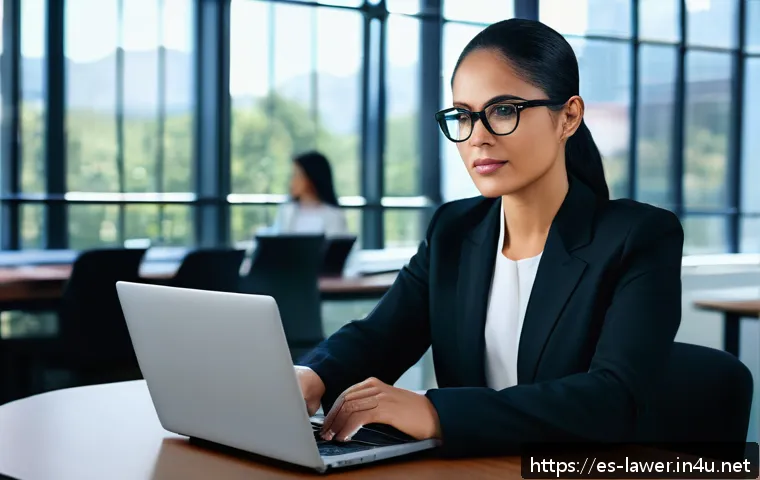 변호사 자격증 활용 후 변호사로서 성장 방법 - A professional Hispanic lawyer in a modern office setting, wearing business attire and eyeglasses, f...