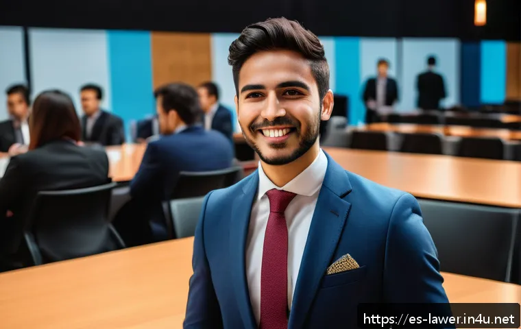 변호사 실무 초보자 팁 - A professional young lawyer attending a legal networking event in a modern conference hall in Mexico...