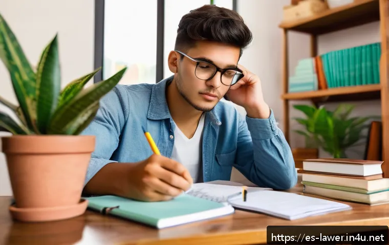 변호사 시험 과목별 학습 방법 - A focused young adult Hispanic law student sitting at a wooden desk in a cozy, sunlit room decorated...