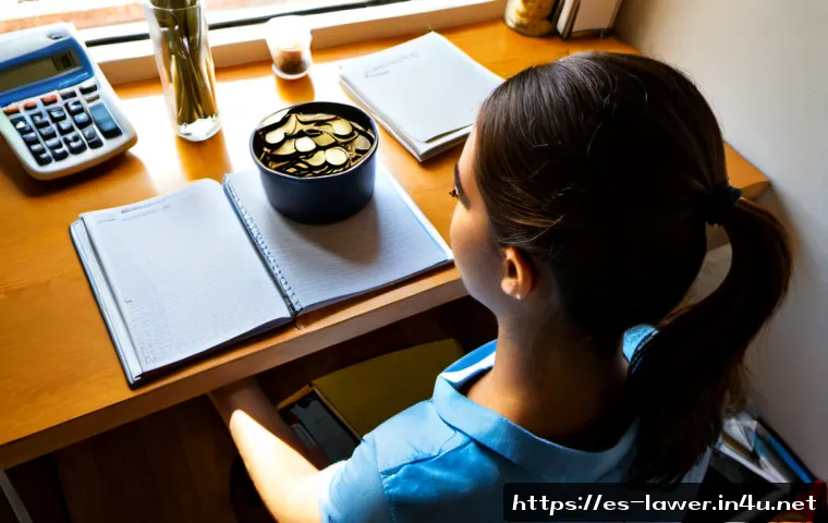 변호사 시험 준비의 경제적 부담 관리법 - Photorealistic overhead view of a Spanish-speaking law student at a tidy apartment desk, carefully o...