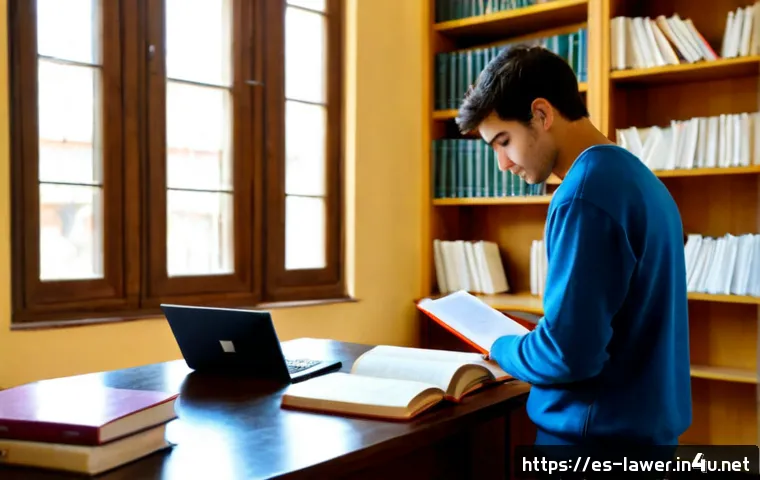 Home 17 변호사 필수 중점 과목 - Photorealistic Spanish law student studying essential legal subjects at a bright university library ...