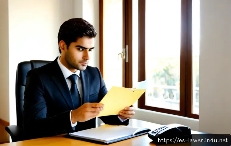 Home 17 변호사 실무 초보 가이드 - Photorealistic young Spanish-speaking lawyer at a tidy modern law office desk, reviewing organized c...